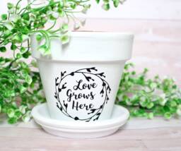 Personalized Love Grows Here Flower Pot, Farmhouse Decor Housewarming Wedding Bridal Gift - thumbnail 1