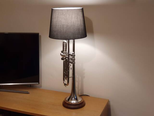 Trumpet Lamp, Silver With Round Walnut Base, New - image 1
