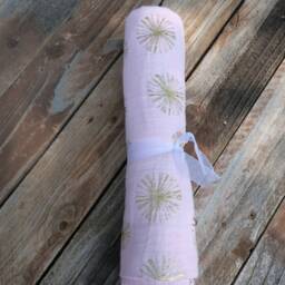 Baby Pink & Metallic Gold Dandelion Muslin Swaddle Blanket, Swaddle, Dandelion, & Gold, Swaddling - thumbnail 2