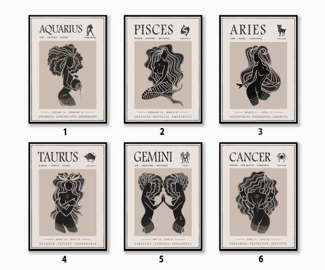 star Sign Poster Set, Boho Decor, Celestial Wall Art, Mystical Print, Gallery Wall, Astrology Posters, Birthday Gift, A1/A2/A3/A4 - image 1