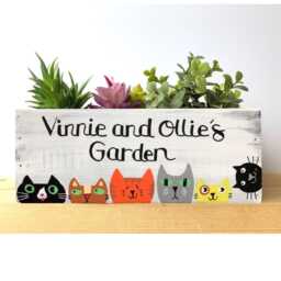 Personalized Cat Planter Rustic Wood Succulent Box, Lover Gift - thumbnail 1