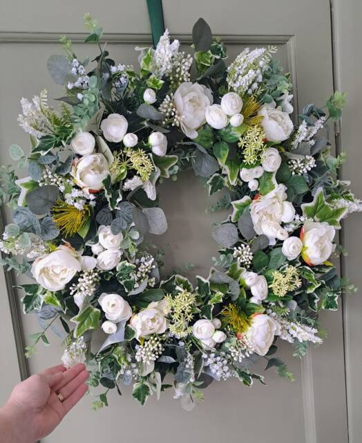 Door Wreath, All Year Spring Large Christmas Wreath Outside, Artificial White Flower - image 1