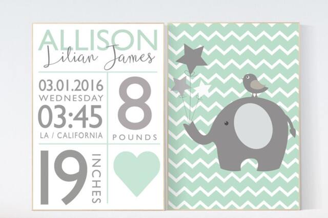 Elephant Nursery Decor Baby Birth Stats, Mint Green Wall Art - image 1