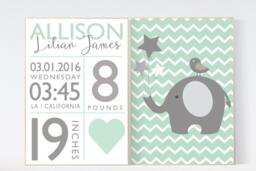 Elephant Nursery Decor Baby Birth Stats, Mint Green Wall Art - thumbnail 1