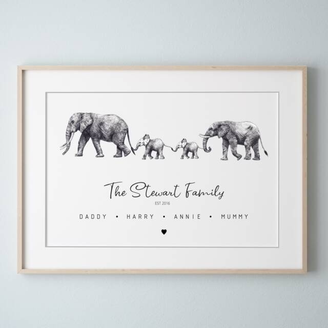Personalised Elephant Family Print, Custom Home Decor, Animal Mothers Day, Birthday Gift, New Print - image 1