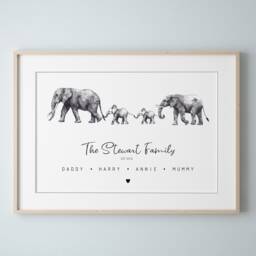 Personalised Elephant Family Print, Custom Home Decor, Animal Mothers Day, Birthday Gift, New Print - thumbnail 1
