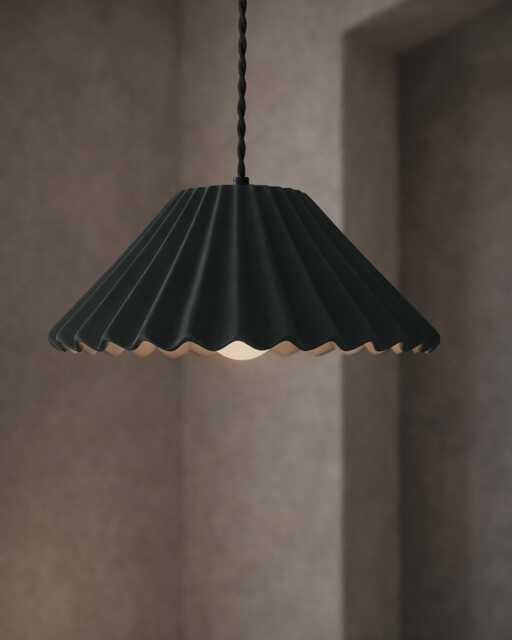 Large Picco - Ceramic Pendant Ceiling Light Handmade Minimalist Pleated Hanging Fixture in Shadow Charcoal Gray - image 1