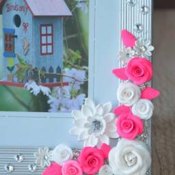 Picture Frame, Wedding Photo Frame With Pink Polymer Clay Roses, Gift, Gift For Any Occasion - thumbnail 3