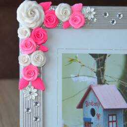 Picture Frame, Wedding Photo Frame With Pink Polymer Clay Roses, Gift, Gift For Any Occasion - thumbnail 2