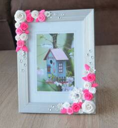 Picture Frame, Wedding Photo Frame With Pink Polymer Clay Roses, Gift, Gift For Any Occasion