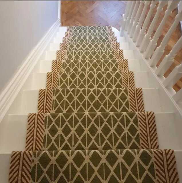 Hand Block Printed Cotton Stair Runner Rug Green Beige Dhurrie - image 1