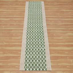 Hand Block Printed Cotton Stair Runner Rug Green Beige Dhurrie - thumbnail 2