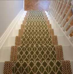 Hand Block Printed Cotton Stair Runner Rug Green Beige Dhurrie - thumbnail 1