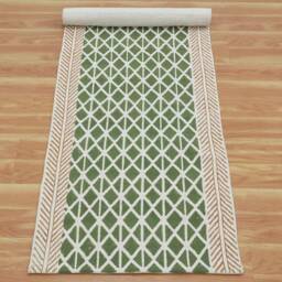 Hand Block Printed Cotton Stair Runner Rug Green Beige Dhurrie - thumbnail 3