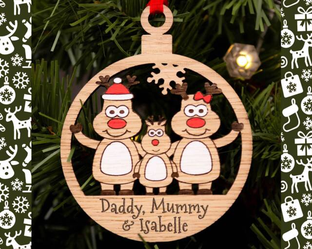 Family Christmas Bauble, Personalised Decorations, Of 3, Xmas Decoration, Reindeer Boy Or Girl, Tree One Child - image 1