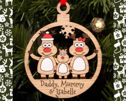 Family Christmas Bauble, Personalised Decorations, Of 3, Xmas Decoration, Reindeer Boy Or Girl, Tree One Child - thumbnail 1