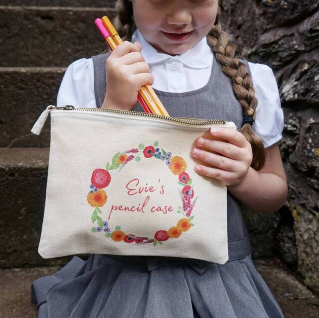 Personalised Kids Pencil Case - Children's Cotton Floral Wreath