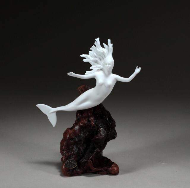 Mermaid Sculpture By John Perry 9 Inch Tall Pellucida On Polished Burlwood Base. Signed - image 1