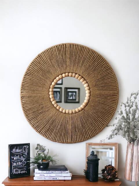Large Jute Mirror, Wall Hanging Christmas Gift, Bedroom Decor Boho Fast Shipping - 1-3 Days Living Room - image 1