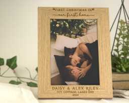 First Christmas Home Gift - Wooden Engraved Photo Frame Personalised Names & Address - thumbnail 1