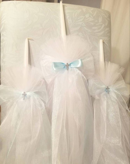 Greek Orthodox Baptism Candle Lambada Christening Baby Blue & White Boy - image 1