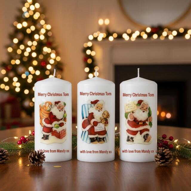 Personalised Vintage Santa Pillar Candle, Handmade Unscented Christmas Candle. - Ddp To Usa - image 1