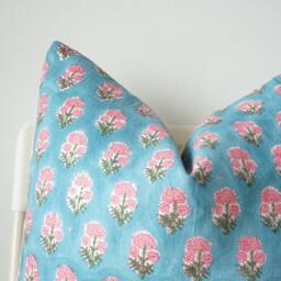 Block Print Pillow Cover Floral Batik, Boho Farmhouse Decor - 20x20 - thumbnail 2