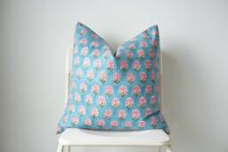 Block Print Pillow Cover Floral Batik, Boho Farmhouse Decor - 20x20 - thumbnail 1