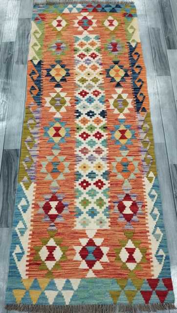 Multicolour Runner Rug, Handmade Artisan Afghan Turkish Scandinavian Navajo Bohemian Flatweave Wool Kilim 200x77 cm - image 1