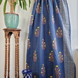Kantha Stitch Pure Cotton Reversible Bed/Sofa Throw King Size Handmade Dohar Indigo Blue Mughal Floral Persian Pattern White Zigzag Border - thumbnail 3