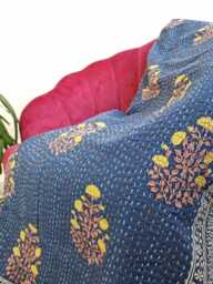 Kantha Stitch Pure Cotton Reversible Bed/Sofa Throw King Size Handmade Dohar Indigo Blue Mughal Floral Persian Pattern White Zigzag Border - thumbnail 1