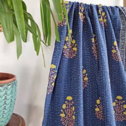 Kantha Stitch Pure Cotton Reversible Bed/Sofa Throw King Size Handmade Dohar Indigo Blue Mughal Floral Persian Pattern White Zigzag Border - thumbnail 2