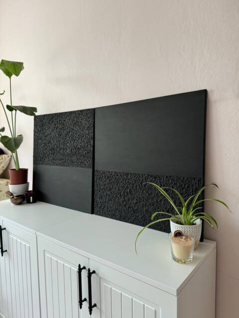 Black Wabi Sabi 3D Textured Wall Art, Minimalist Abstract Painting, Plaster Canvas Modern Spackle Art - image 1