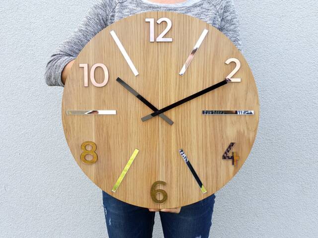 Wall Clock, Wood Clock, Large Wall Aksel With Brown & Silver Mirror, Oak 50cm - image 1