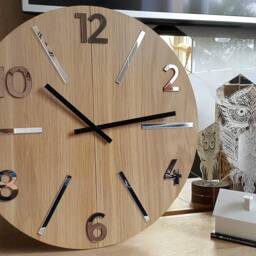 Wall Clock, Wood Clock, Large Wall Aksel With Brown & Silver Mirror, Oak 50cm - thumbnail 3