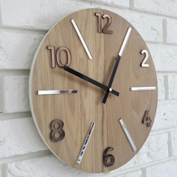 Wall Clock, Wood Clock, Large Wall Aksel With Brown & Silver Mirror, Oak 50cm - thumbnail 2