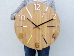 Wall Clock, Wood Clock, Large Wall Aksel With Brown & Silver Mirror, Oak 50cm