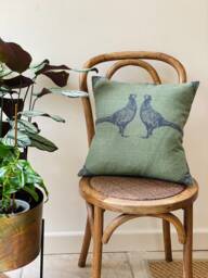 Green Linen Pheasants Cushion Cover, Barneby Gates, Country Decor - thumbnail 1