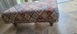 New World Tapestry Footstool, Dark Stained Wood Feet, Geometric Pattern Home Decor