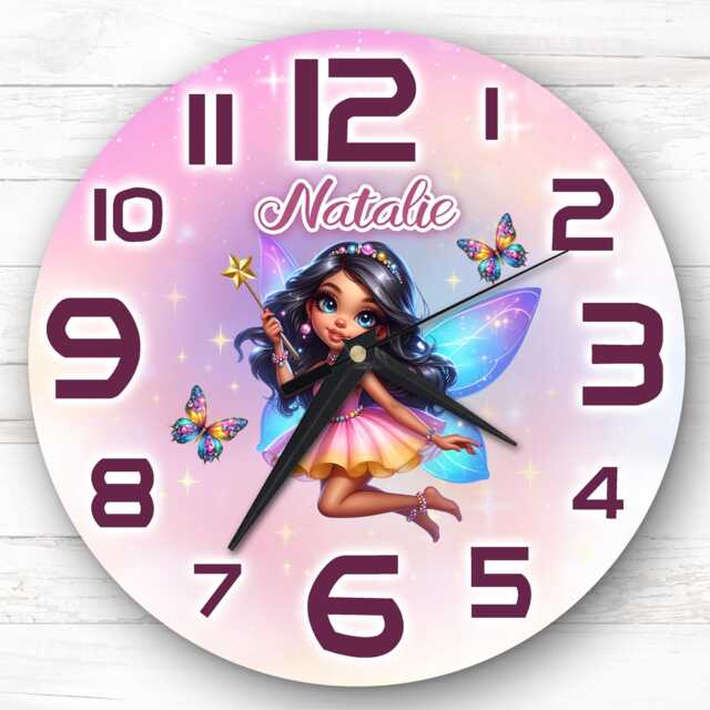 Girl's Dark Skin Fairy Personalised Gift For Kid's Bedroom Clock - Kids Clock, Children's , Custom Wall - image 1