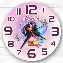 Girl's Dark Skin Fairy Personalised Gift For Kid's Bedroom Clock - Kids Clock, Children's , Custom Wall - thumbnail 1
