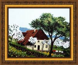 Framed Handmade Cross Stitch Village House Landscape Wall Decor - thumbnail 1