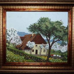 Framed Handmade Cross Stitch Village House Landscape Wall Decor - thumbnail 2