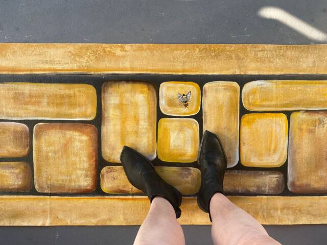 Hand-Painted Bumble Bee Floorcloth Rug Yellow Abstract Art Canvas Mat, Washable Indoor Outdoor - image 1