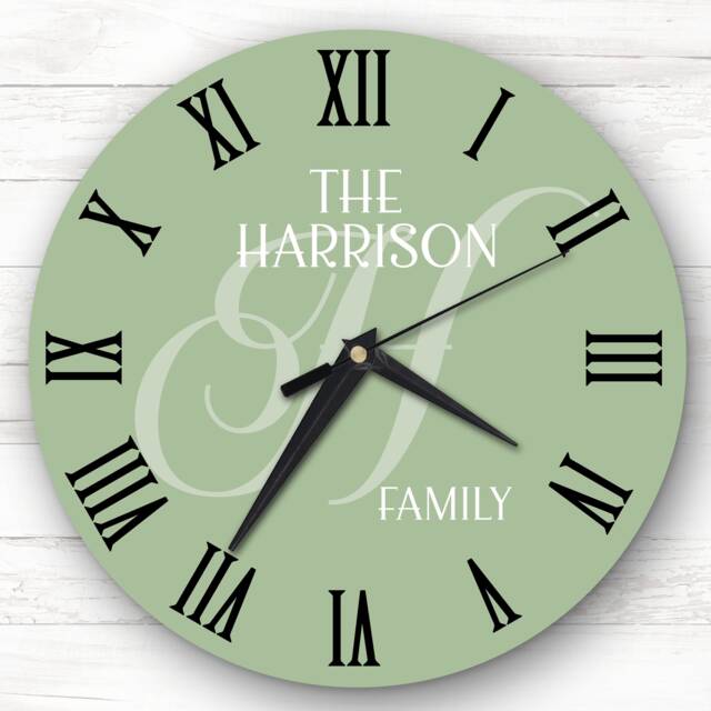 Sage Green Family Name Initial Personalised Gift Clock - image 1