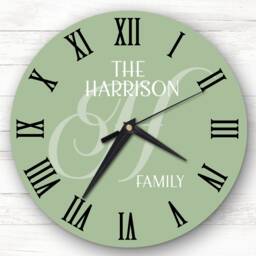 Sage Green Family Name Initial Personalised Gift Clock