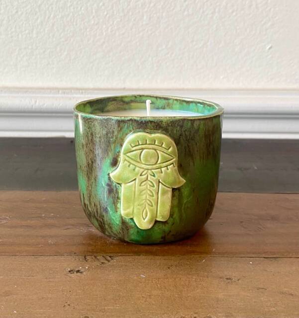 Hand-Poured 6Oz Scented Soy Candle in Handmade Ceramic Hamsa Vessel - Various Scent Options