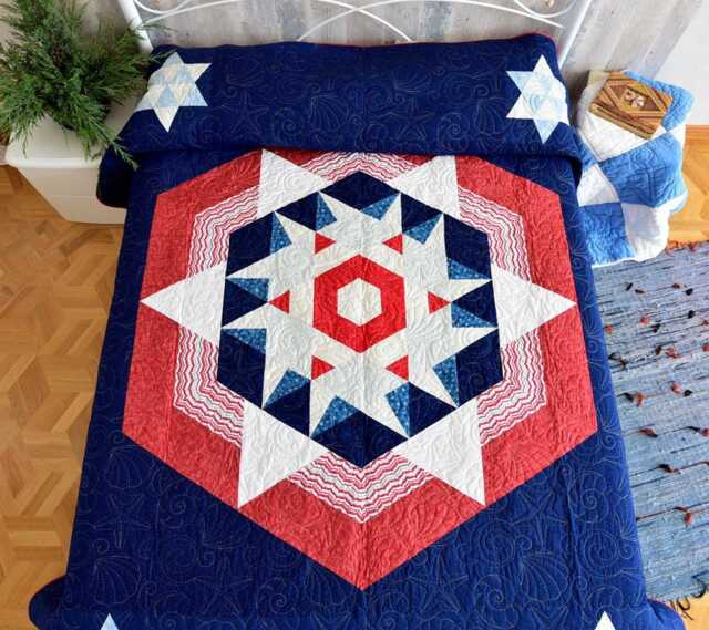 "Patriotic Stars Patchwork Quilt Red White Blue Cotton Throw - 94"" X 108" - image 1