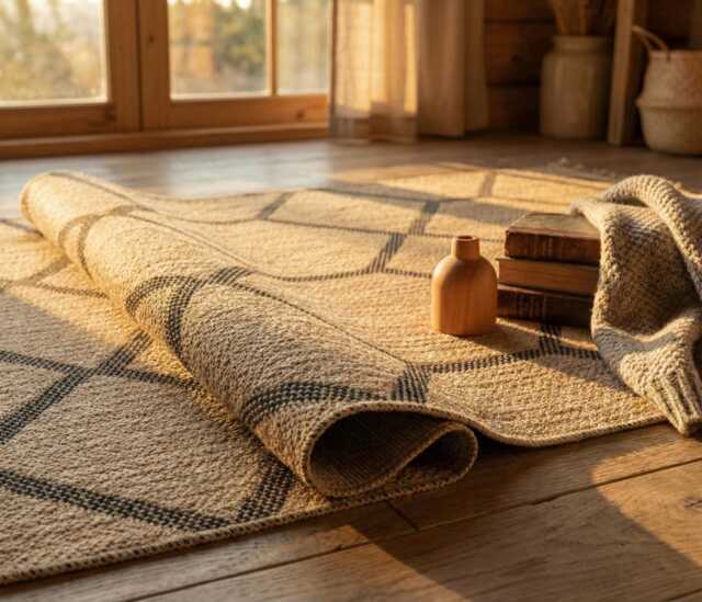 Beige Jute Area Rug, Geometric Boho Scandinavian Custom Size - image 1