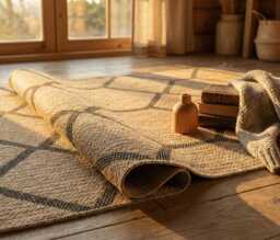 Beige Jute Area Rug, Geometric Boho Scandinavian Custom Size - thumbnail 1